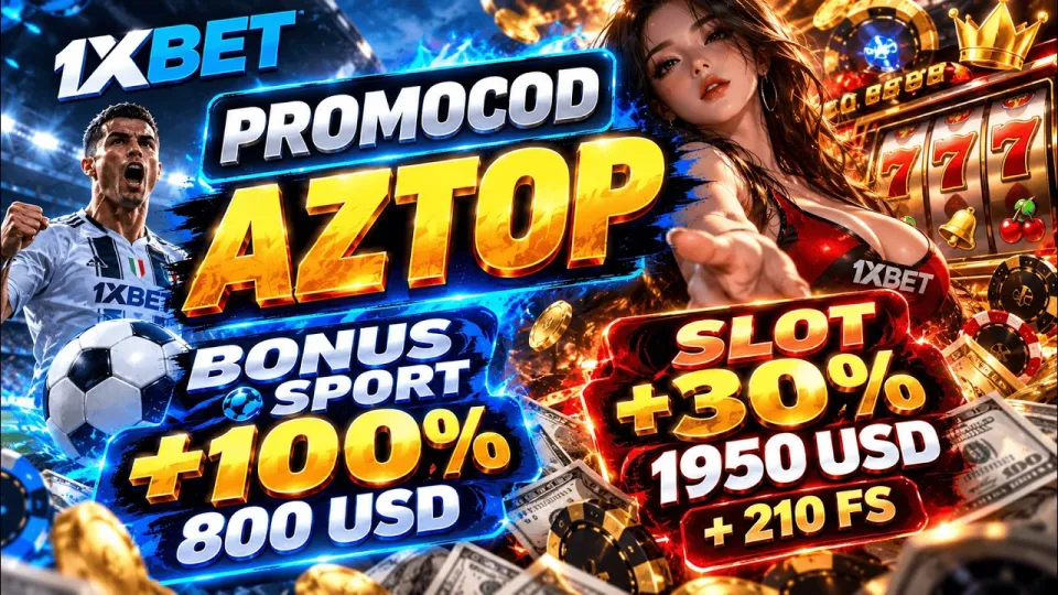 The 1xbet promocode AZTOP unlocks a 100% sports bonus up to 800 USD or a slots package with 210 free spins